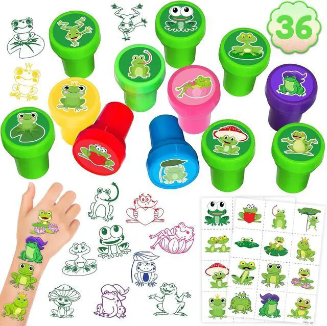 Main image of 36PCS Frog Party Favors - 24PCS Pre-Cut Temporary Tattoos & 12PCS Stamps - Ideal Animal Frog Princess Themed Birthday Card Decorations Supplies Goodie Bag Cute Rewards for Boys Girls Classroom Gifts