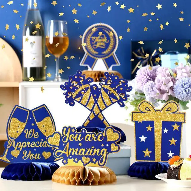 Alt view image 3 of 6 - 12 Pcs We Appreciate You Decoration Thank You Honeycomb Centerpiece Employee Appreciation Table Decorations Thank Table Topper for Doctor Employee Party Supplies(Gold and Blue)