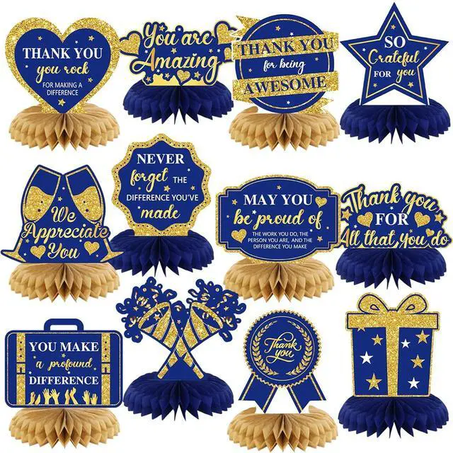 Main image of 12 Pcs We Appreciate You Decoration Thank You Honeycomb Centerpiece Employee Appreciation Table Decorations Thank Table Topper for Doctor Employee Party Supplies(Gold and Blue)