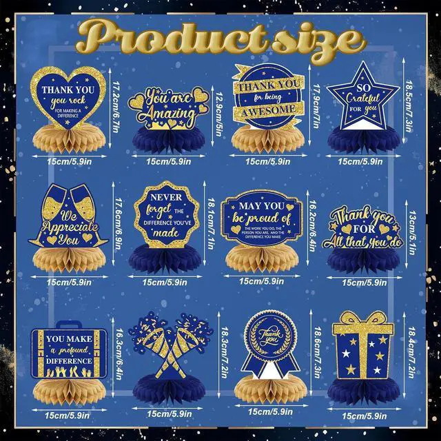 Alt view image 2 of 6 - 12 Pcs We Appreciate You Decoration Thank You Honeycomb Centerpiece Employee Appreciation Table Decorations Thank Table Topper for Doctor Employee Party Supplies(Gold and Blue)