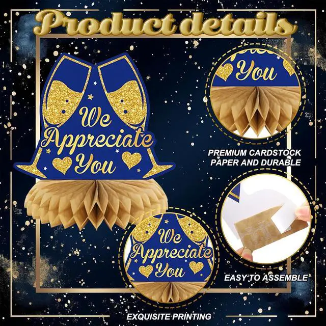 Alt view image 4 of 6 - 12 Pcs We Appreciate You Decoration Thank You Honeycomb Centerpiece Employee Appreciation Table Decorations Thank Table Topper for Doctor Employee Party Supplies(Gold and Blue)