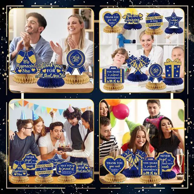 Alt view image 6 of 6 - 12 Pcs We Appreciate You Decoration Thank You Honeycomb Centerpiece Employee Appreciation Table Decorations Thank Table Topper for Doctor Employee Party Supplies(Gold and Blue)