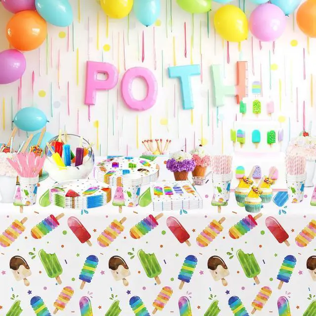 Alt view image 6 of 7 - Popsicle Party Tablecloth Decorations - Disposable Ice Cream Popsicle Birthday Party Supplies Tablecover, Summer Popsicle Baby Shower Table Decorations Table Cloths- 3 Pack (54in x 108in)