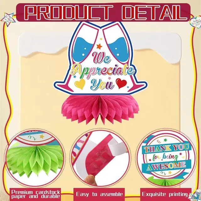 Alt view image 4 of 6 - 12 Pcs We Appreciate You Decoration Thank You Honeycomb Centerpiece Employee Appreciation Table Decorations Thank Table Topper for Doctor Employee Party Supplies(Colorful)