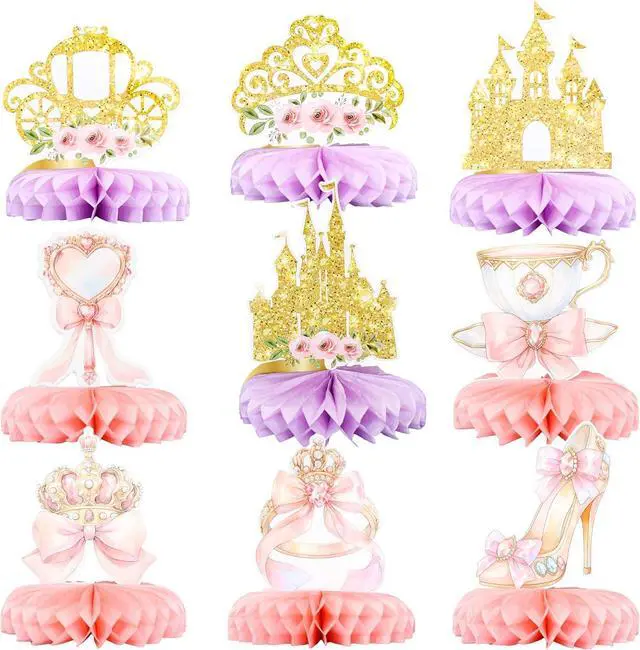 Main image of Gyufise 9 Pack Floral Princess Honeycomb Centerpieces Pink and Gold Castle Crown Carriage Party Table Decorations for Princess Theme Party Decorations Supplies