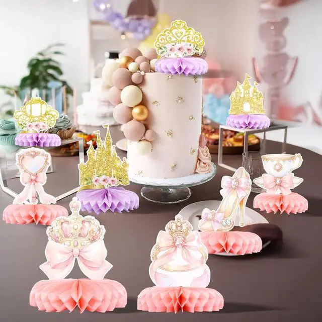 Alt view image 7 of 7 - Gyufise 9 Pack Floral Princess Honeycomb Centerpieces Pink and Gold Castle Crown Carriage Party Table Decorations for Princess Theme Party Decorations Supplies
