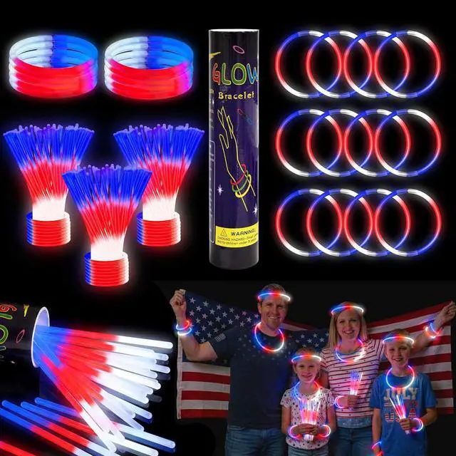 Main image of LIONO 100 Pcs 4th of July Glow Sticks Bulk, Ultra Bright Red White and Blue Glow Sticks 3-in-1 with Connectors, 4th of July Accessories for Independence Day Party, Nighttime Events & Party Activities