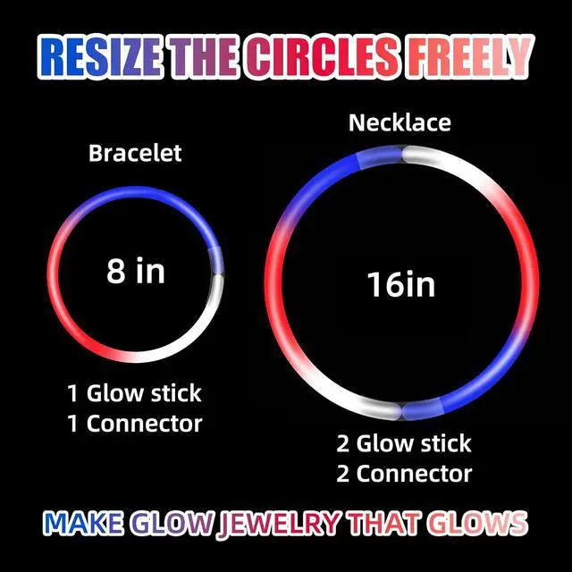 Alt view image 4 of 7 - LIONO 100 Pcs 4th of July Glow Sticks Bulk, Ultra Bright Red White and Blue Glow Sticks 3-in-1 with Connectors, 4th of July Accessories for Independence Day Party, Nighttime Events & Party Activities