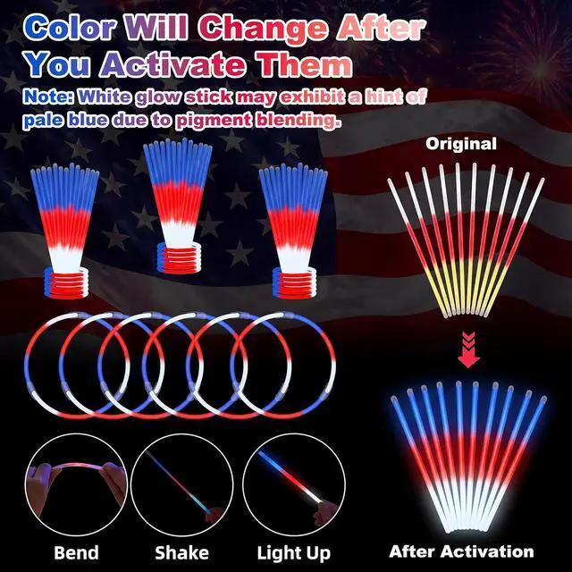 Alt view image 6 of 7 - LIONO 100 Pcs 4th of July Glow Sticks Bulk, Ultra Bright Red White and Blue Glow Sticks 3-in-1 with Connectors, 4th of July Accessories for Independence Day Party, Nighttime Events & Party Activities