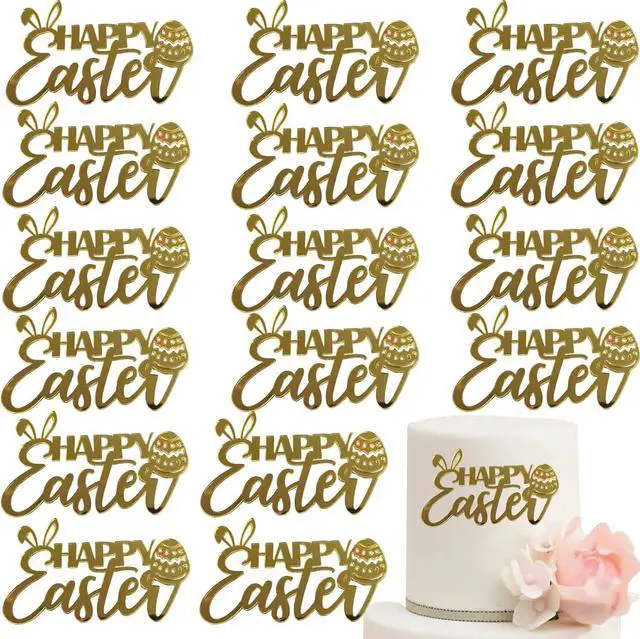 Main image of 16 PCS Gold Happy Easter Cake Toppers,Rabbit Egg Acrylic Cupcake Toppers Easter Side Cake Decorations Birthday Party Supplies