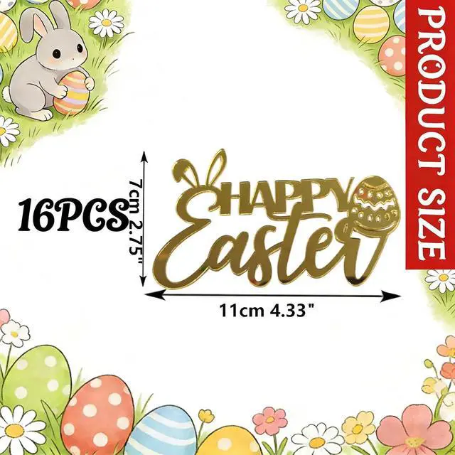 Alt view image 5 of 7 - 16 PCS Gold Happy Easter Cake Toppers,Rabbit Egg Acrylic Cupcake Toppers Easter Side Cake Decorations Birthday Party Supplies