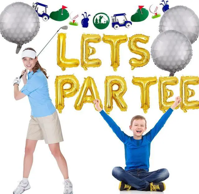 Alt view image 3 of 4 - Let's Partee Golf Party Balloons Decorations Banner Men Boys Birthday Decoration Sport Themed Party Supplies Foil Mylar Golf Ball Balloons for Birthday Baby Shower Retirement Party (Gold)
