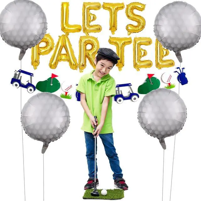 Alt view image 4 of 4 - Let's Partee Golf Party Balloons Decorations Banner Men Boys Birthday Decoration Sport Themed Party Supplies Foil Mylar Golf Ball Balloons for Birthday Baby Shower Retirement Party (Gold)