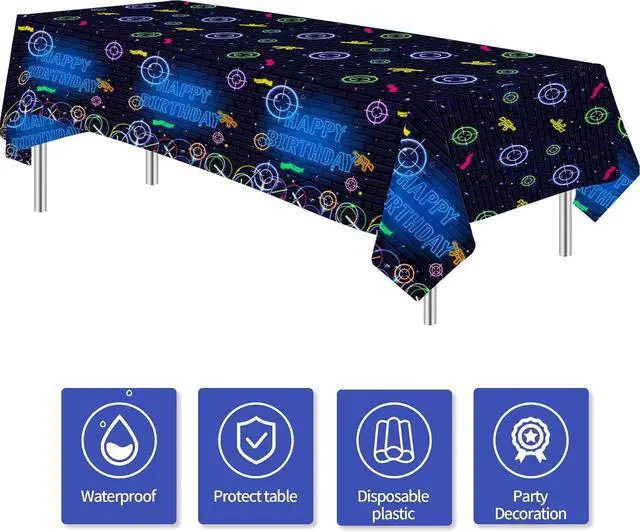 Alt view image 2 of 7 - Laser Tag Birthday Party Tablecloth Decorations - Disposable Party Supplies Table Cover, Neon Glow Shooting Game Birthday Decorations Table Cloth - 3 Pack (54in x 108in)