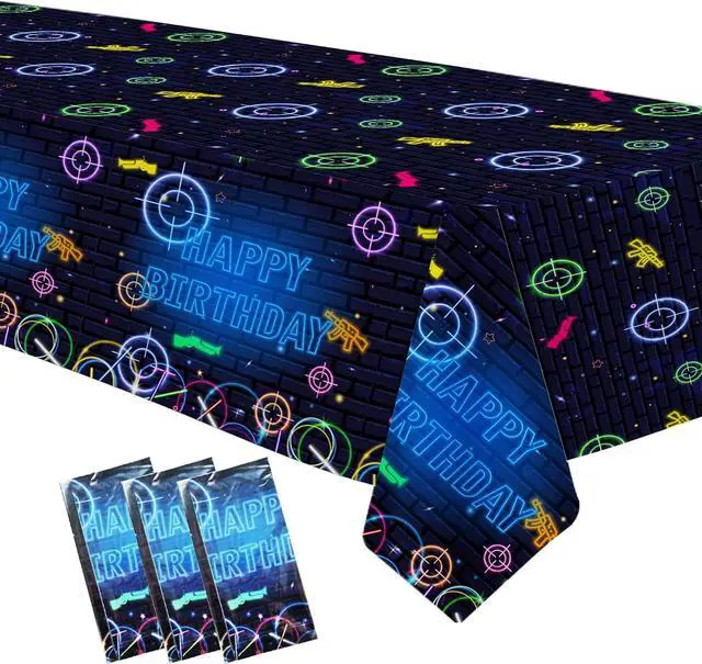 Main image of Laser Tag Birthday Party Tablecloth Decorations - Disposable Party Supplies Table Cover, Neon Glow Shooting Game Birthday Decorations Table Cloth - 3 Pack (54in x 108in)