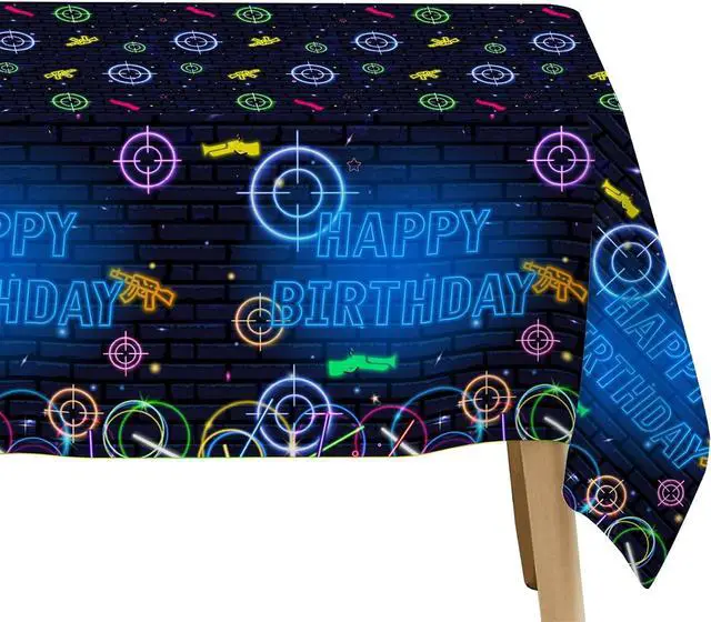 Alt view image 5 of 7 - Laser Tag Birthday Party Tablecloth Decorations - Disposable Party Supplies Table Cover, Neon Glow Shooting Game Birthday Decorations Table Cloth - 3 Pack (54in x 108in)