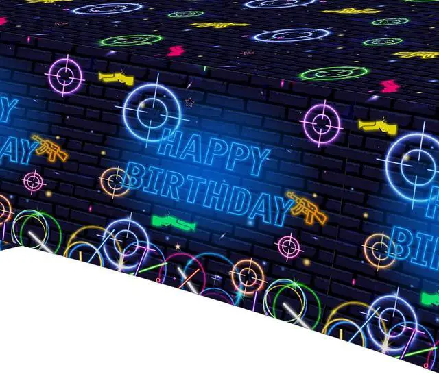 Alt view image 3 of 7 - Laser Tag Birthday Party Tablecloth Decorations - Disposable Party Supplies Table Cover, Neon Glow Shooting Game Birthday Decorations Table Cloth - 3 Pack (54in x 108in)