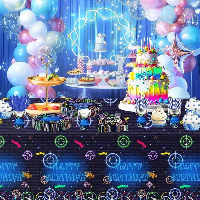 Alt view image 6 of 7 - Laser Tag Birthday Party Tablecloth Decorations - Disposable Party Supplies Table Cover, Neon Glow Shooting Game Birthday Decorations Table Cloth - 3 Pack (54in x 108in)