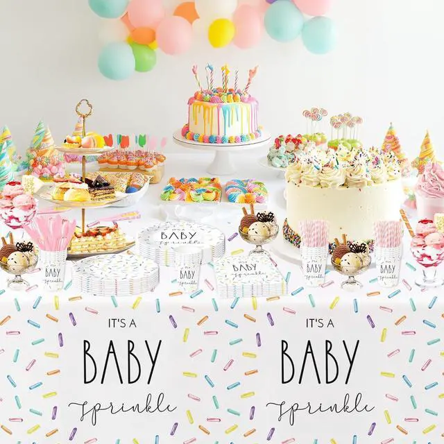 Alt view image 6 of 7 - Sprinkle Baby Shower Decorations Tablecloth for Boys Girls - 3 Pack Disposable Rainbow Confetti Theme It's A Baby Sprinkle Party Table Cover Supplies, 86in x 55in