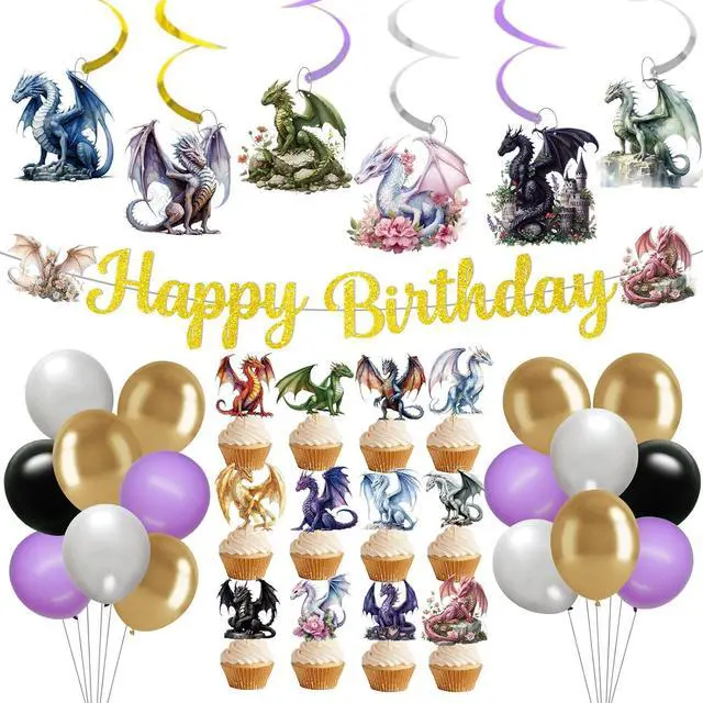 Main image of Dragon Birthday Party Decorations: Dragon Themed Party Decorations with Happy Birthday Banner Balloons Cupcake Topper and Hanging Swirls Baby Shower Boys Birthday Dragon Themed Parties Supplies