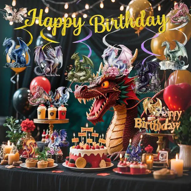 Alt view image 3 of 5 - Dragon Birthday Party Decorations: Dragon Themed Party Decorations with Happy Birthday Banner Balloons Cupcake Topper and Hanging Swirls Baby Shower Boys Birthday Dragon Themed Parties Supplies