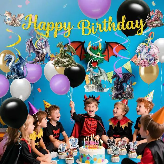 Alt view image 5 of 5 - Dragon Birthday Party Decorations: Dragon Themed Party Decorations with Happy Birthday Banner Balloons Cupcake Topper and Hanging Swirls Baby Shower Boys Birthday Dragon Themed Parties Supplies