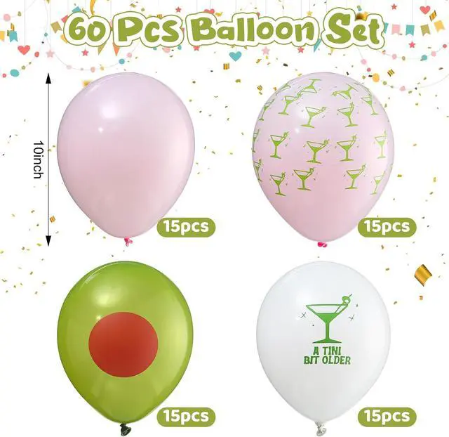 Alt view image 2 of 6 - Hungdao 60 Pcs Martini Latex Balloons A Tini Bit Older Birthday Balloons 10 Inch Olive Cocktail Balloon Decorations Tiny Bit Older Party Decor for Bachelorette Wedding Party Supplies(Pink Green)