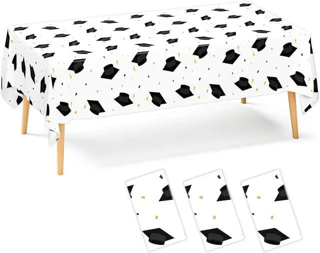 Main image of DYLIVeS Graduation Cap Party Tablecloths 2026 Gongrats Grad Plastic Tablecover Disposable Black and Gold Graduation Party Supplies Rectangular Table Cloth School Decor 54 x 108 Inch, 3 Count