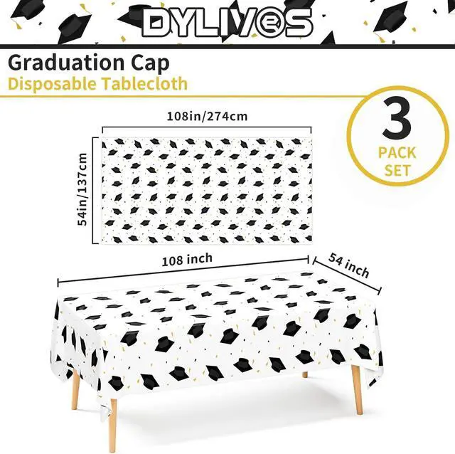 Alt view image 2 of 7 - DYLIVeS Graduation Cap Party Tablecloths 2026 Gongrats Grad Plastic Tablecover Disposable Black and Gold Graduation Party Supplies Rectangular Table Cloth School Decor 54 x 108 Inch, 3 Count
