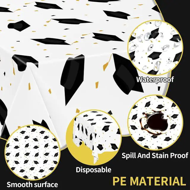 Alt view image 3 of 7 - DYLIVeS Graduation Cap Party Tablecloths 2026 Gongrats Grad Plastic Tablecover Disposable Black and Gold Graduation Party Supplies Rectangular Table Cloth School Decor 54 x 108 Inch, 3 Count