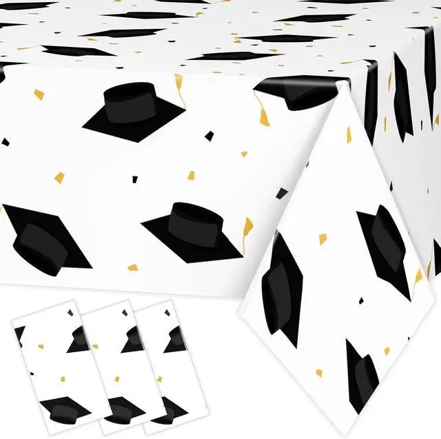 Alt view image 4 of 7 - DYLIVeS Graduation Cap Party Tablecloths 2026 Gongrats Grad Plastic Tablecover Disposable Black and Gold Graduation Party Supplies Rectangular Table Cloth School Decor 54 x 108 Inch, 3 Count