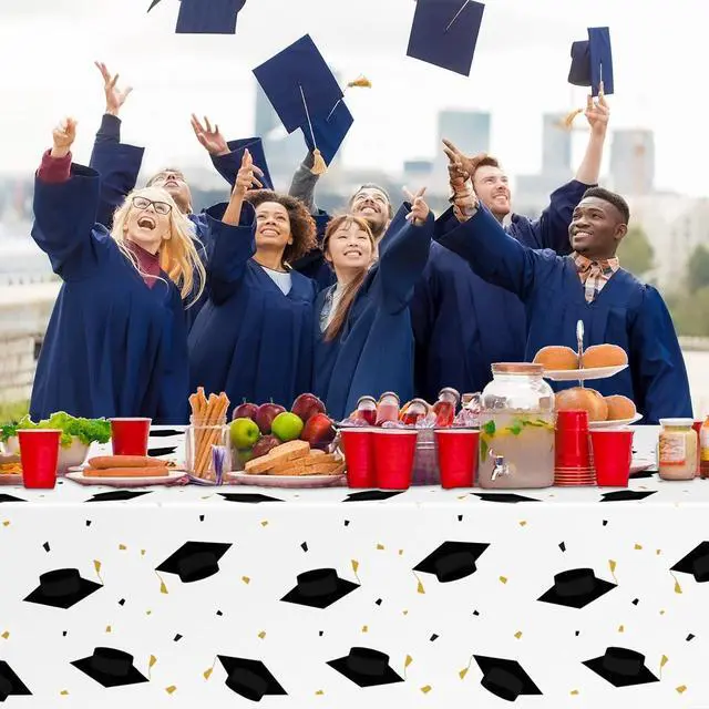 Alt view image 5 of 7 - DYLIVeS Graduation Cap Party Tablecloths 2026 Gongrats Grad Plastic Tablecover Disposable Black and Gold Graduation Party Supplies Rectangular Table Cloth School Decor 54 x 108 Inch, 3 Count