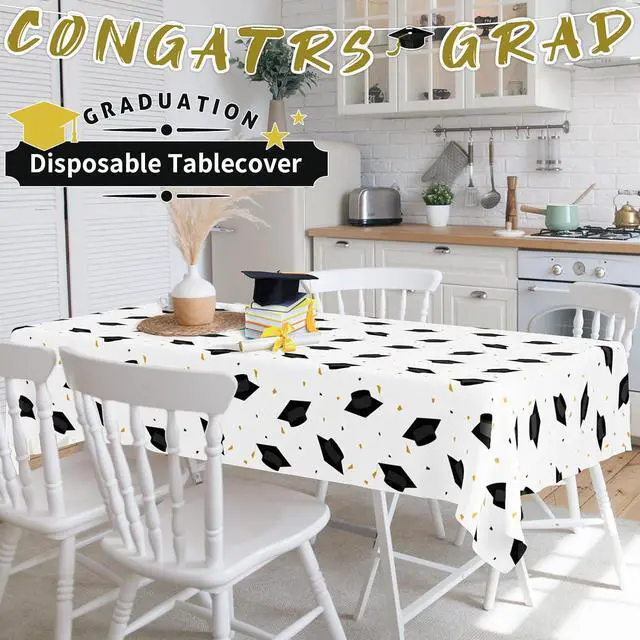 Alt view image 6 of 7 - DYLIVeS Graduation Cap Party Tablecloths 2026 Gongrats Grad Plastic Tablecover Disposable Black and Gold Graduation Party Supplies Rectangular Table Cloth School Decor 54 x 108 Inch, 3 Count