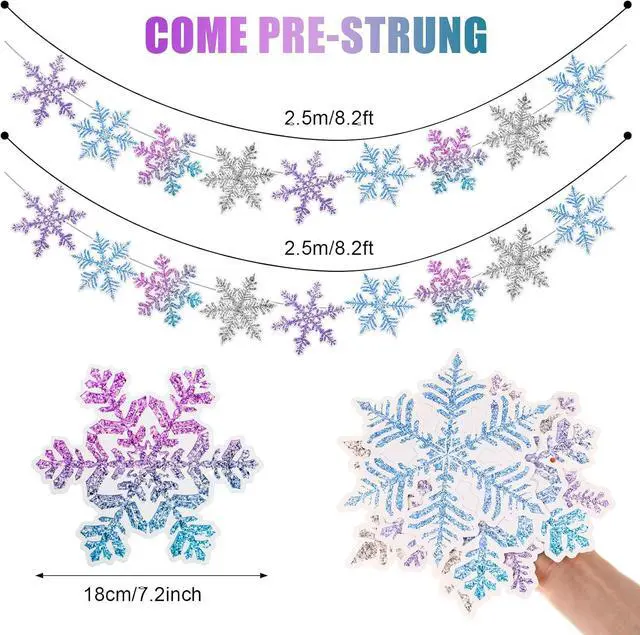 Alt view image 3 of 7 - TaoBary 2 Pack Snowflake Garland Banner Winter Party Decorations Blue Purple White Silver Glitter Snowflake Hanging Banner for Winter Wonderland Birthday Baby Shower Party Supplies