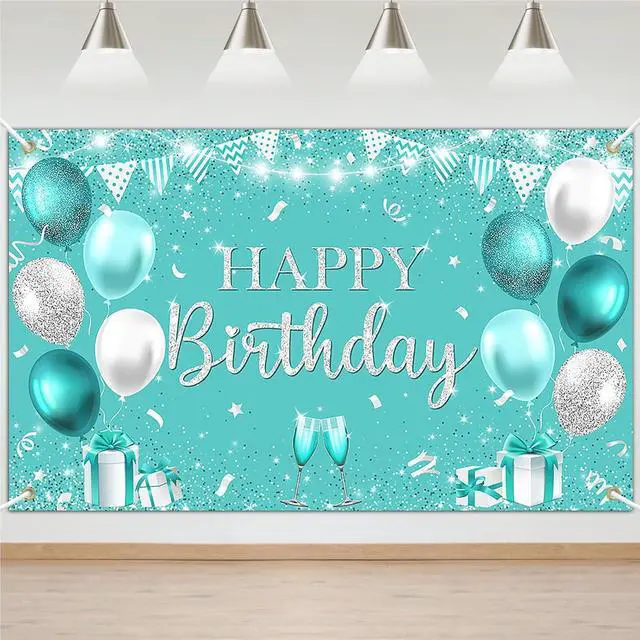Main image of Avezano Happy Teal Birthday Banner Turquoise and Silver Birthday Backdrop Banners Teal Birthday Decorations for Women Happy Birthday Party Supplies 70.8 x 43.3 Inch