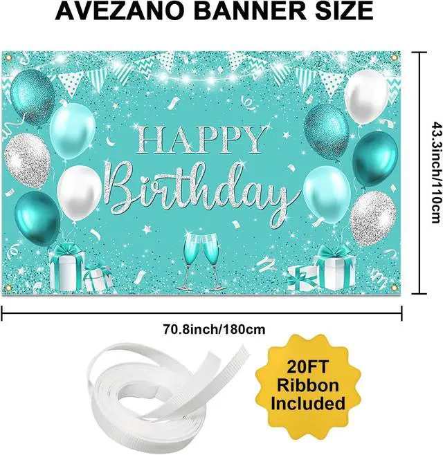 Alt view image 2 of 7 - Avezano Happy Teal Birthday Banner Turquoise and Silver Birthday Backdrop Banners Teal Birthday Decorations for Women Happy Birthday Party Supplies 70.8 x 43.3 Inch