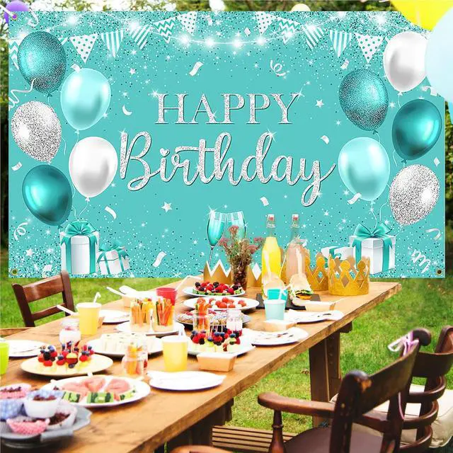 Alt view image 3 of 7 - Avezano Happy Teal Birthday Banner Turquoise and Silver Birthday Backdrop Banners Teal Birthday Decorations for Women Happy Birthday Party Supplies 70.8 x 43.3 Inch