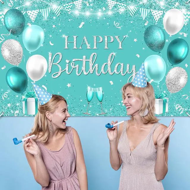 Alt view image 4 of 7 - Avezano Happy Teal Birthday Banner Turquoise and Silver Birthday Backdrop Banners Teal Birthday Decorations for Women Happy Birthday Party Supplies 70.8 x 43.3 Inch