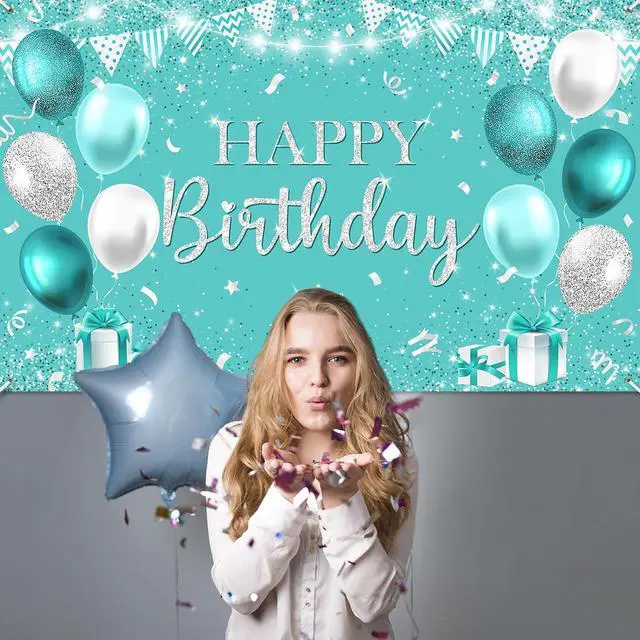 Alt view image 5 of 7 - Avezano Happy Teal Birthday Banner Turquoise and Silver Birthday Backdrop Banners Teal Birthday Decorations for Women Happy Birthday Party Supplies 70.8 x 43.3 Inch