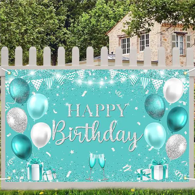 Alt view image 6 of 7 - Avezano Happy Teal Birthday Banner Turquoise and Silver Birthday Backdrop Banners Teal Birthday Decorations for Women Happy Birthday Party Supplies 70.8 x 43.3 Inch