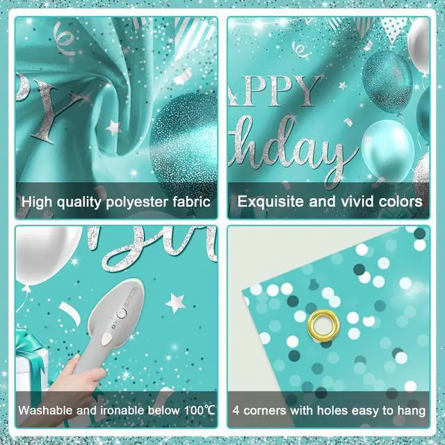 Alt view image 7 of 7 - Avezano Happy Teal Birthday Banner Turquoise and Silver Birthday Backdrop Banners Teal Birthday Decorations for Women Happy Birthday Party Supplies 70.8 x 43.3 Inch