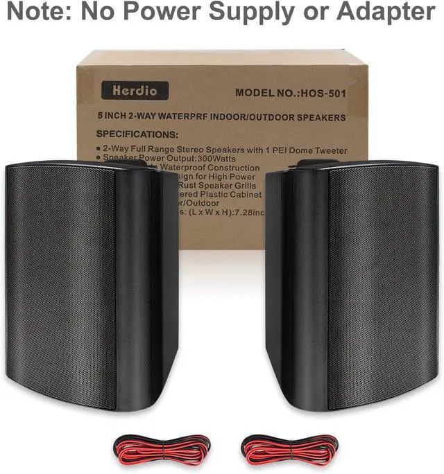 Alt view image 3 of 7 - Herdio 5.25 Inches Passive Outdoor Speakers Wired Waterproof, 300 Watts Wall Mount Speakers All Weather for Patio Indoor Deck Countryard (1 Pair, Black)