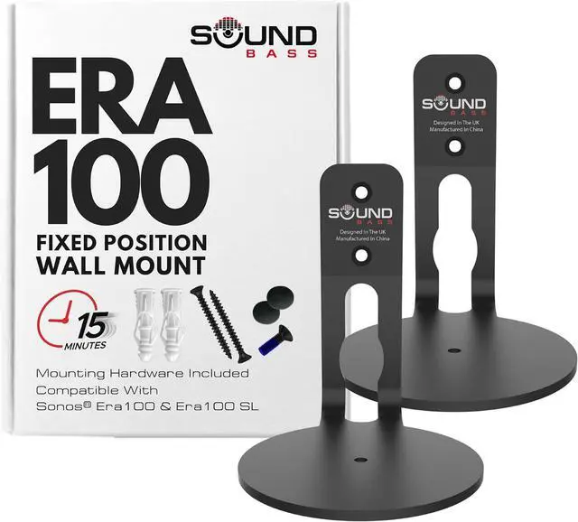 Main image of Sound Bass ERA 100 Wall Mount Bracket, Low Profile, Black, Twin Pack, Compatible with Sonos ERA100 & ERA 100 SL Speaker, Complete with All Fixing Hardware