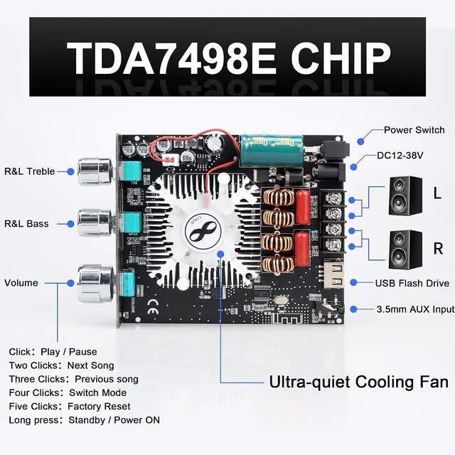 Alt view image 2 of 6 - 160W+160W Amplifier Board with Treble and Bass Control, DC 12-36V, BT and AUX Inputs, 2.0 Channel Stereo AMP Board for DIY Wireless Speakers, Password Free (T160HS)