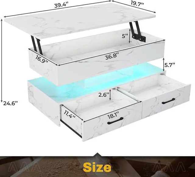 Alt view image 2 of 7 - SEDETA 40" Lift Top Coffee Table, Coffee Tables with Storage for Living Room, Small Coffee Table with 2 Drawers & LED Light for Dining Reception Room, White Marble