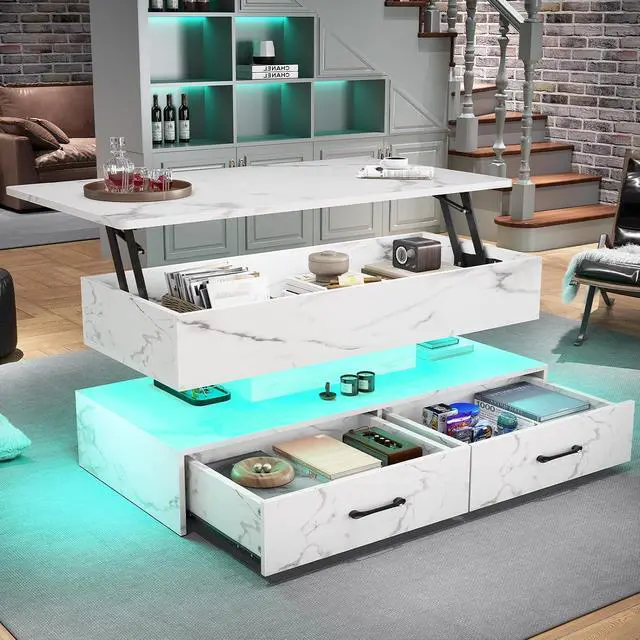 Alt view image 3 of 7 - SEDETA 40" Lift Top Coffee Table, Coffee Tables with Storage for Living Room, Small Coffee Table with 2 Drawers & LED Light for Dining Reception Room, White Marble
