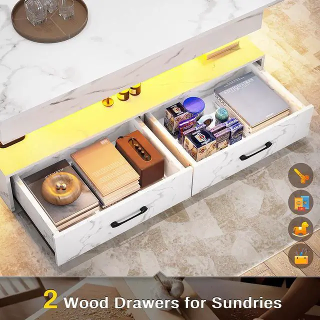 Alt view image 5 of 7 - SEDETA 40" Lift Top Coffee Table, Coffee Tables with Storage for Living Room, Small Coffee Table with 2 Drawers & LED Light for Dining Reception Room, White Marble