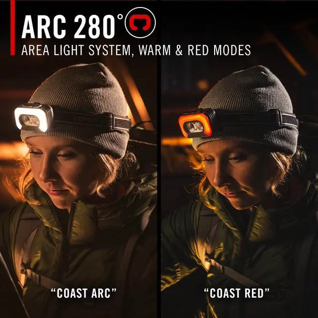 Alt view image 4 of 7 - Coast RL35R Voice-Controlled 1100 Lumen Rechargeable LED Headlamp with ARC280 Lighting, 4 Color Modes, Rear-Facing Safety Signal, Variable Light Control and USB-C Charge Port
