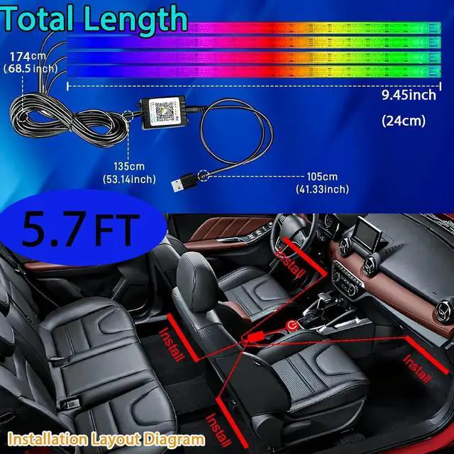 Alt view image 2 of 6 - STONEBANKS 5.7FT LED Interior Light for Car, 48LEDs RGB USB Under Dash Lighting, Footwell Neon Internal Lights Kit, Smart APP and Remote Dual Control, Multicolor Music and Mic Mode