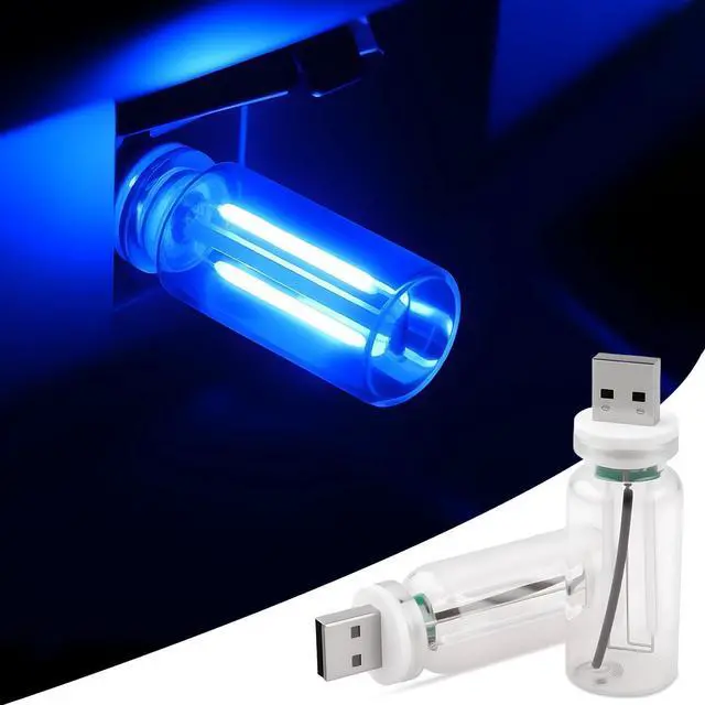 Main image of 2 PCS Car USB Lights, Plug-in Retro Car Atmosphere Lamp with Touch Dimmable, Portable Mini Glass Bottle LED Bulb Night Lights for Vehicle Bedroom Hallway Camping Holiday Decoration (Blue)